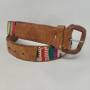 Brown Leather Belt XS Woven Colorful Artisan Ethnic Mayan Aztec Tribal Baja Folk